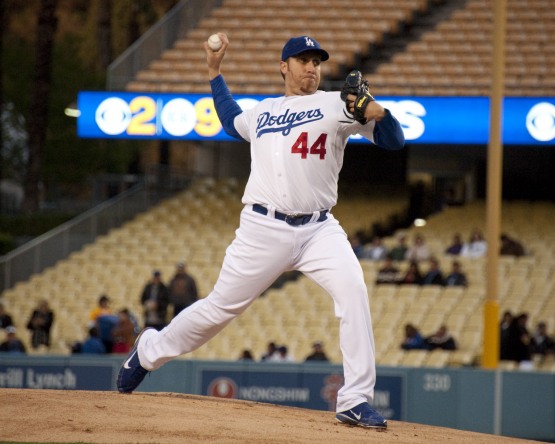 Harang's nine consecutive strikeouts set a new Dodgers franchise record. (Photo credit - Jon SooHoo)