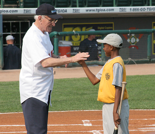 On July 20, 2008, George "Shotgun" Shuba reenacted his famous 'Handshake for a Century' at KeySpan Park in Brooklyn. Imagine the excitement that this young man felt shaking the hand that shook Jackie Robinson's hand. (Photo credit - Gary Thomas)