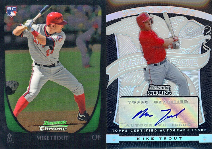 There are so many Bowman Chrome series available that it boggles the mind. But what really boggles the mind is that the Mike Trout rookie card on the left goes for about $10 and the one on the right goes for $10,000.