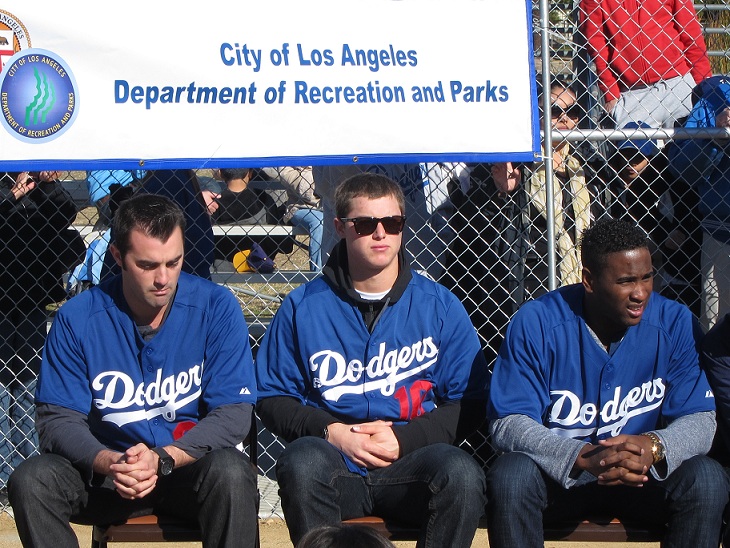 Top Dodgers prospects Matt McGill, Joc Pederson and Onelki Garcia were on hand at Saturday's Dodgers Dreamfield dedication and then put on a baseball clinic for the youngsters in attendance.(Photo credit - Ron Cervenka)