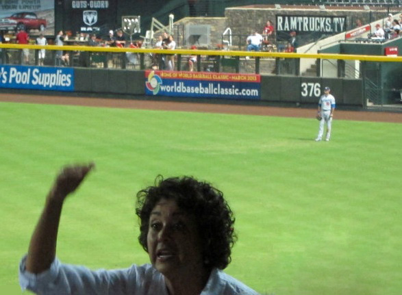 Andre Ethier's mom Penny enjoying the fruits of her efforts with her son manning right field.(Photo credit - Ron Cervenka)