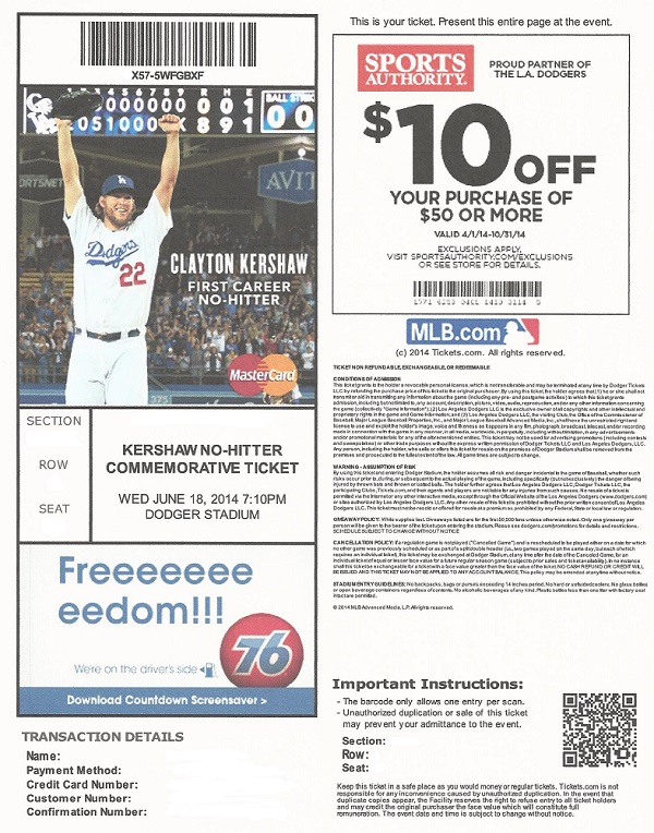Here it is - the commemorative Kershaw no-hitter ticket as promised by Dodgers President and CEO Stan Kasten.