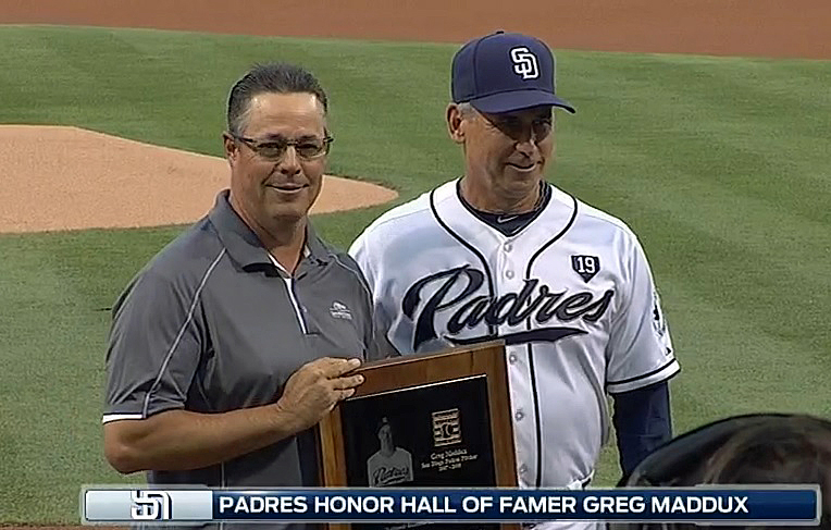 The Padres gave Maddux a plaque. The Dodgers gave him a job. Who got the better deal? (Video capture courtesy of Padres.com)