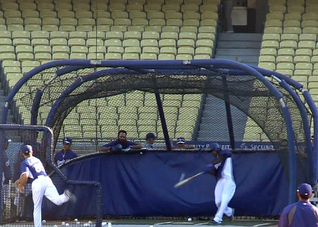 Hanley absolutely crushed a batting practice ball off of Dodgers bullpen catcher Steve Cilladi. It quite possibly is the first ball that a Dodger player has hit completely out of Dodger Stadium this season. (Video capture courtesy of dodgerfilms)