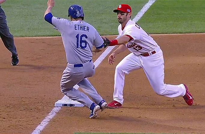 After a video review of the play, Ethier was ruled out even though there was never a definitive view of Carpenter's tag. (Video capture courtesy of MLB.com)