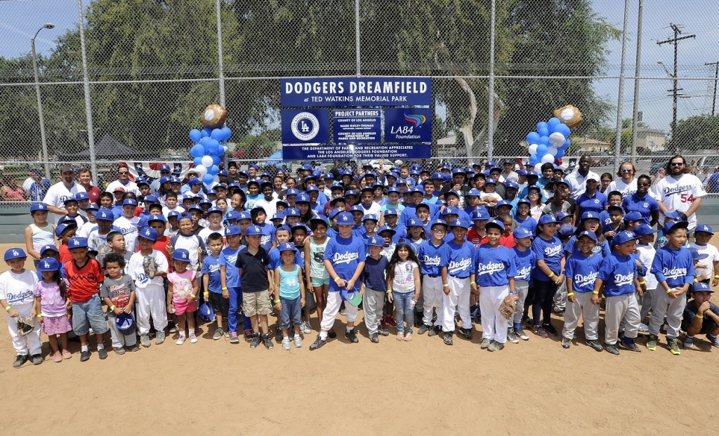 Saturday's dedication of two new Dodgers Dreamfields bring the total to 36 of 50 planed fields. Over a hundred kids attended the last Dreamfield dedication at Ted Watkins Park on July 12, 2014. (Photo courtesy of LA84 - click on photo to enlarge)