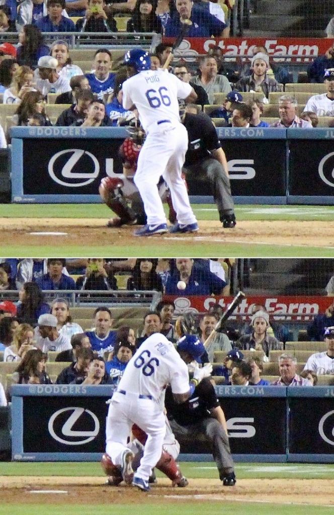 Although Dbacks fans undoubtedly disagree, there is no way that Ian Kennedy did not intentionally hit Yasiel Puig in the head. Fortunately, the 92-MPH fastball only grazed Puig's nose. (Photo credit - Ron Cervenka) 