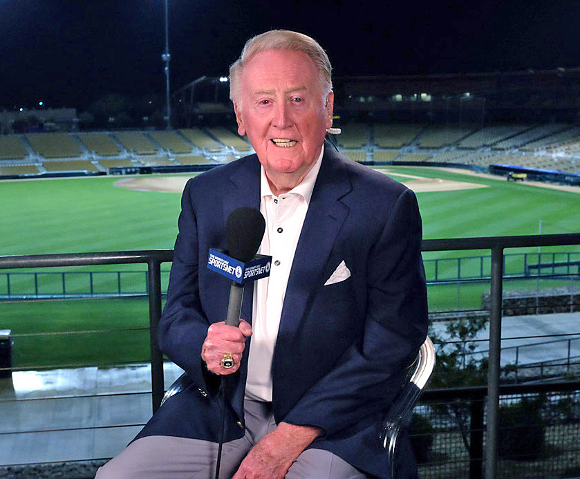 Hall of Fame broadcaster Vin Scully is scheduled to call the March 25 spring training game against the Giants from Camelback Ranch and the three annual exhibition Freeway Series games against the Angels - two from Dodger Stadium and the third from Angels Stadium. He will also simulcast the first three innings of every games he calls on AM570 Sports LA in this, his final season. (Photo credit - Jon SooHoo) (Photo credit - Jon SooHoo)