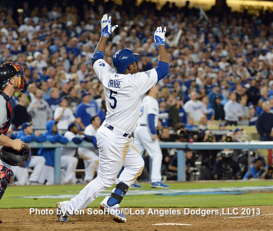 Uribe's dramatic home run in Game-4 of the 2013 NLDS ranks right up there with the biggest home runs in Dodgers history. (Photo credit: Jon SooHoo - Click on image to view video)