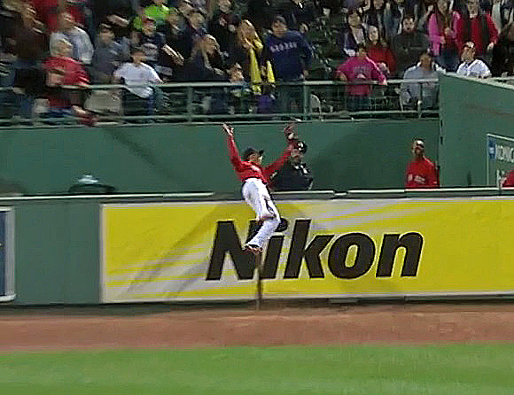 There is no denying that the home run robbing catch made by Mookie Betts was a great one, but Trout went up a good five feet higher to make his catch. (Video capture courtesy of MLB.com - Click on image to view video)