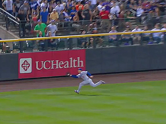 It wasn't the height that made Pederson's catch outstanding, it's the distance he ran to catch it. (Video capture courtesy of SportsNet LA - Click on image to view video)