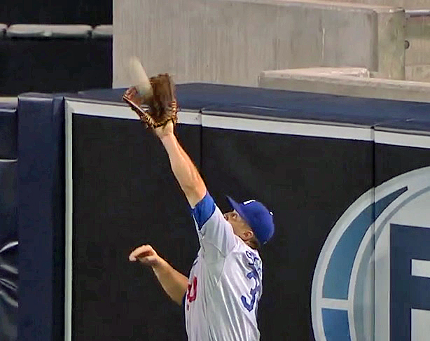 Schebler's sixth-inning leaping catch on Friday night was definitely web gem material. (Video capture courtesy of SportsNet LA - Click on image to view video)