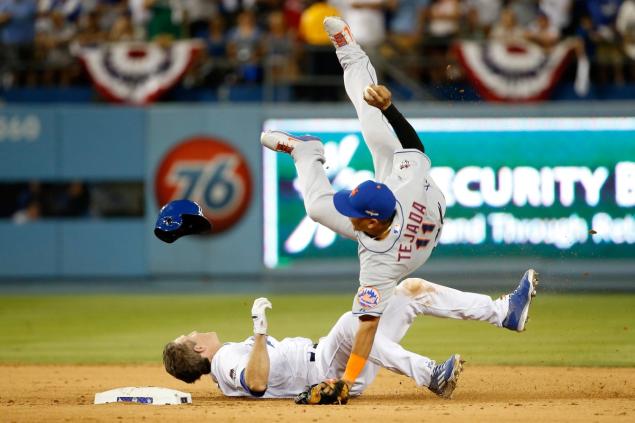 Whether Chase Utley's slide was dirty or not is subject to opinion - and there are many of them being floated out there. (Photo credit: Sean Haffey - Click on image to view TBS video)