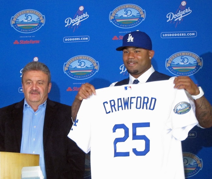 Because of his elbow surgery, Dodgers outfielder Carl Crawford didn't have his introductory press conference until two months after the blockbuster trade with the Red Sox. (Photo credit - Ron Cervenka)