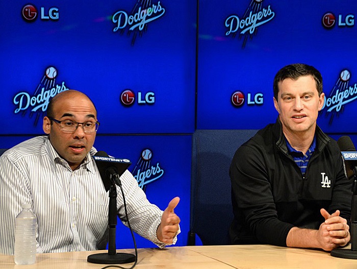 Dodgers GM Farhan Zaidi and President of Baseball Operations Andrew Friedman. (Photo credit - Jon SooHoo)