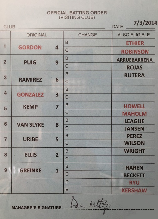 Only nine of the 25 guys on this lineup card are still Dodgers. (Photo credit - Dick Greenblatt)