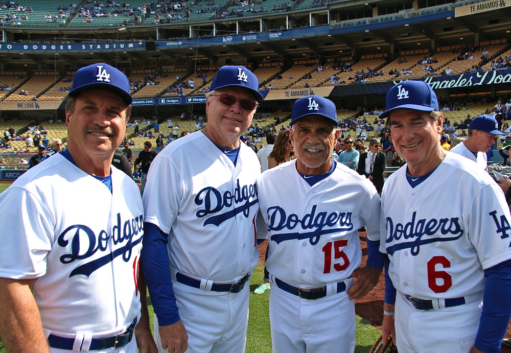 Ron Cey, Bill Russell, Davey Lopes and Steve Garvey - aka "The Infield" - together again at Old-Timers Day 2015. (Photo credit - Ron Cervenka)