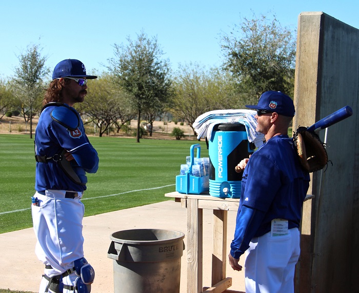 Murphy discussing catching tactics with longtime Dodgers catching coordinator Travis Barbary. (Photo credit - Ron Cervenka)