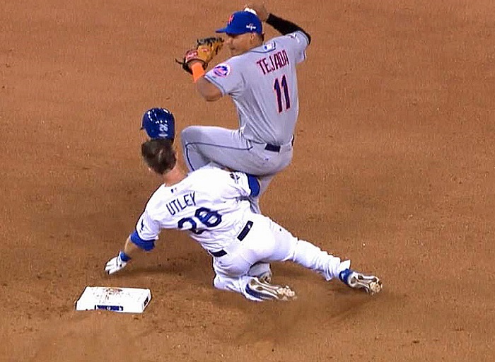 Even though Utley's slide was technically within the existing rules. at the time, it was unquestionably late and a big reason why MLB and the MLBPA have enacted a new sliding rule change. (Video capture courtesy of TBS - Click on image to view video)