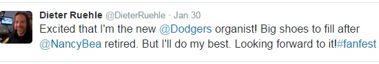 Although many Dodgers fans were hoping that it would be Dieter Ruehle who would replace Nanct Bea, it was confirmed until he post this on Twitter as the gates for FanFest 2016 opened at Dodger Stadium. (Courtesy of @DieterRuehle)