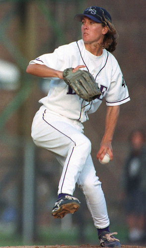 Duluth-Superior Dukes pitcher Ila Borders throws the first pitch during the Dukes' game against the Sioux Falls Canaries Thursday, July 9, 1998 to become the first female pitcher to start in a minor league baseball game. Photo credit - Josh Meltzer)