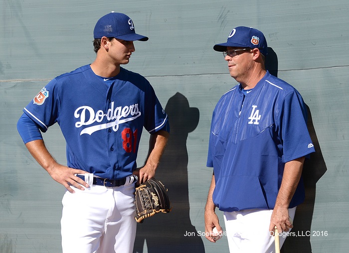 Hall of Famer Greg Maddux plans to spend all of spring training offering whatever he can to the many young Dodgers pitchers in camp - something that young right-hander Chase De Jong greatly appreciates. (Photo credit - Jon SooHoo)