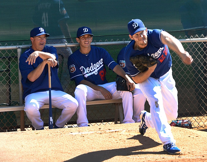 It's hard to tell who is more impressed with Kershaw, Hall of Famer Greg Maddux or 23-year-old top pitching prospect Jose De Leon. (Photo credit - Jon SooHoo)