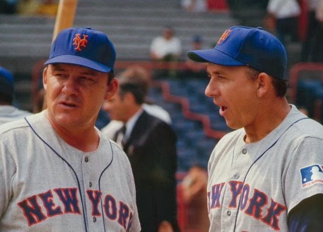 Rube Walker (left) is credited with becoming the first to utilize a five-man rotation while serving a pitching coach for Mets manager and former Dodger great Gil Hodges (right). (AP photo)