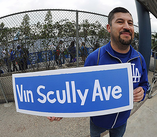The City of LA may be slow about having a new Vin Scully Avenue street sign made, but Dodgers fans certainly aren't. (Photo credit - Jon SooHoo) 
