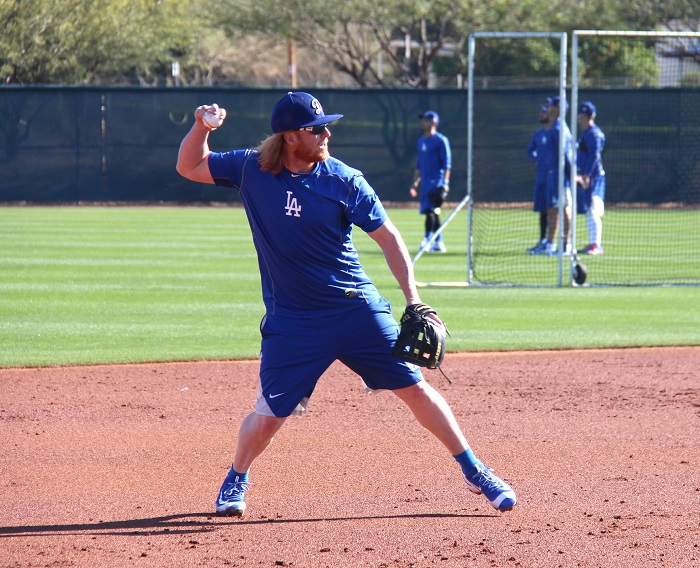 Dodgers third baseman Justin Turner was among the first to arrive for spring training long before position players were due. He has been working hard everyday since to be ready for Opening Day on April 4. (Photo credit - Ron Cervenka)