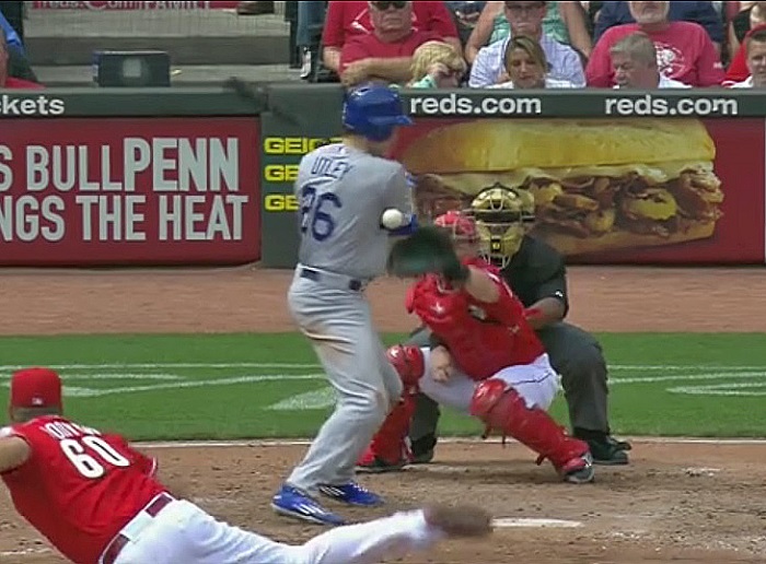 Utley was hit by a pitch 10 times in 2015. Six of them in his one month with the Dodgers. (Video capture courtesy of SportsNet LA)