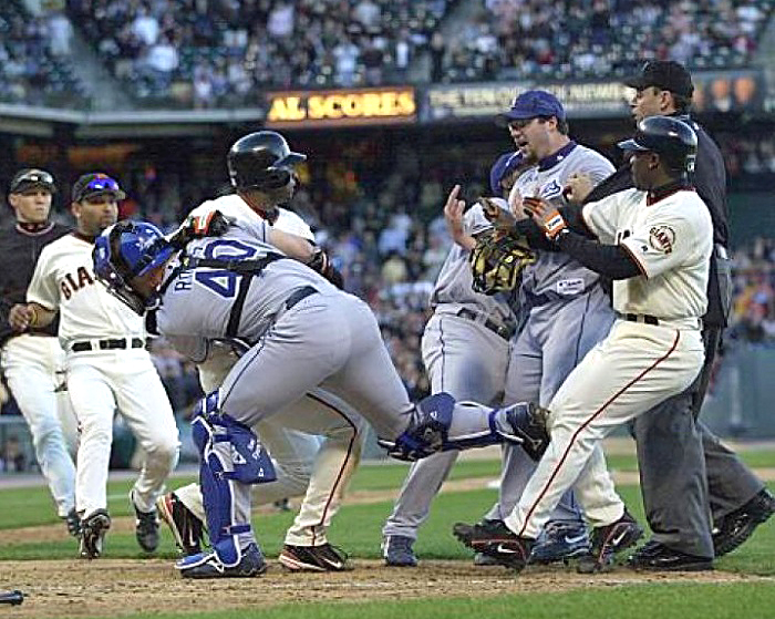 Dodger great Eric Gagne calls out Giants xxx Michael Tucker after Tucker complained about some Gagne high and tight heat. (Photo credit - Marcio Jose Sanchez)