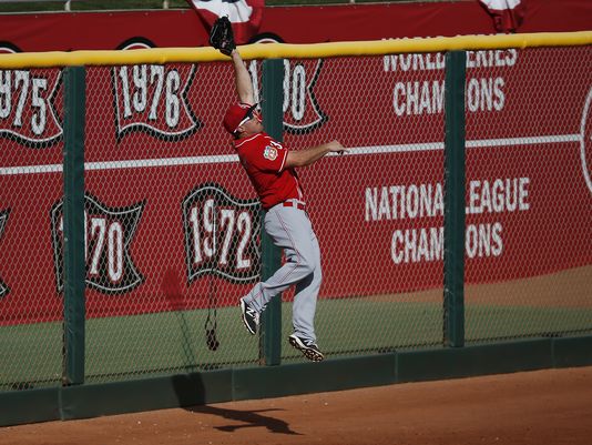 In his very first game with the Reds, Schebler made a leaping catch to prevent what would have been a game-winning grand slam home run off the bat of Indians left fielder Robbie Grossman. (Photo credit - Kareem Elgazzar)