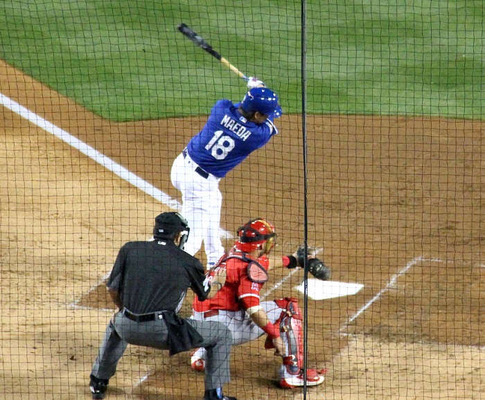 Even though Maeda described his one at-bat on Friday night as "Bad," it's quite apparent that he enjoys hitting and will probably be pretty good at it. (Photo credit - Ron Cervenka)