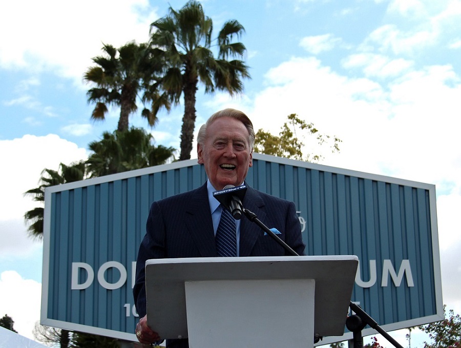 In spite of chants of "one more year" from the crowd, Scully said that 2016 would be has 67th and final season as the voice of the Dodgers. (Photo credit - Ron Cervenka)