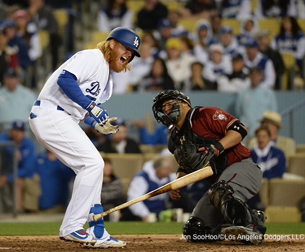 According to Dodgers manager Dave Roberts, X-Rays were negative on Justin Turner's left hand but there was "some swelling." (Photo credit - Jon SooHoo)