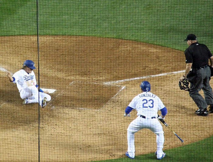 After his clutch pinch-hit RBI single Justin Turner came around to score on Kiké Hernandez's game-winning two-run double in the Dodgers explosive seventh inning on Thursday night. (Photo credit - Ron Cervenka)