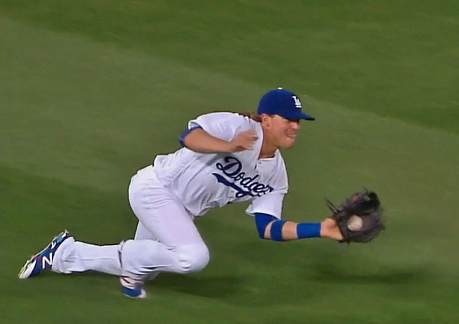 Hernandez's two-out diving catch in the top of the third inning prevented two runs from scoring. (Video capture courtesy of SportsNet LA. Click on image to view video)