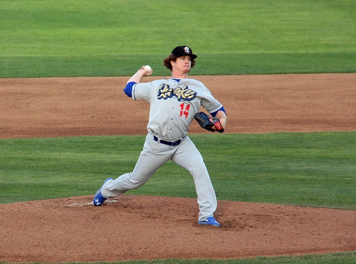 In spite of walking five batters on Tuesday night, Dodgers top pitching prospect Grant Holmes was able to pitch out of several jams. (Photo credit - Ron Cervenka)
