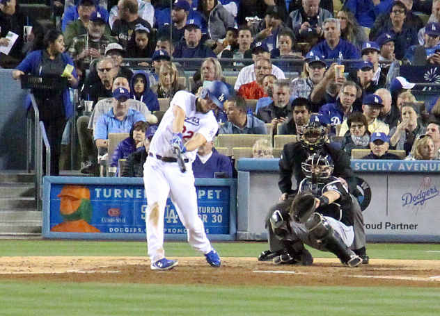 Kershaw was 2 for 4 on Tuesday night with a single and this RBI double. He would account for two of the Dodgers six hits on the night. (Photo credit - Ron Cervenka)