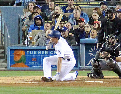 Visions of Andre Ethier ran through the minds of Dodger fans when Dodgers shortstop Corey Seager fouled a ball off his right shin in the fifth inning of Wednesday night's game. However, unlike Ethier, he was able to remain in the game. (Photo credit - Ron Cervenka)