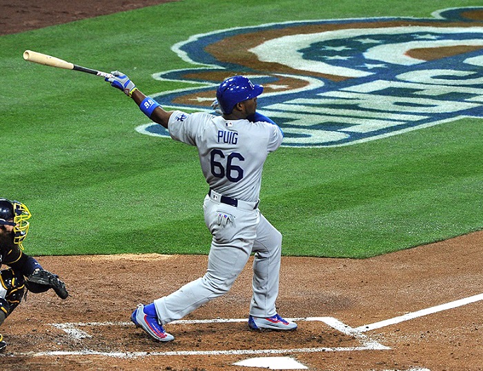 Dodgers right fielder Yasiel Puig is having some of the best at-bats of his career through his first two games. If this trend continues, the possibilities are endless with what he might do this season. (Photo credit - Jon SooHoo)