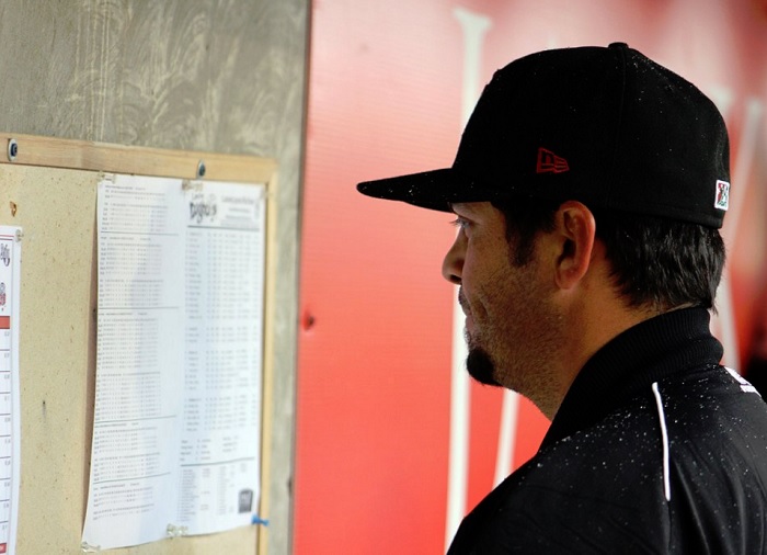 After being snowed out on Thursday and rained out on Friday in Lansing,, Loons new manager Gil Velasquez ponders his lineup for Saturday's game held at Dow Diamond in Midland, Michigan. (Photo courtesy of @GreatLakesLoons)