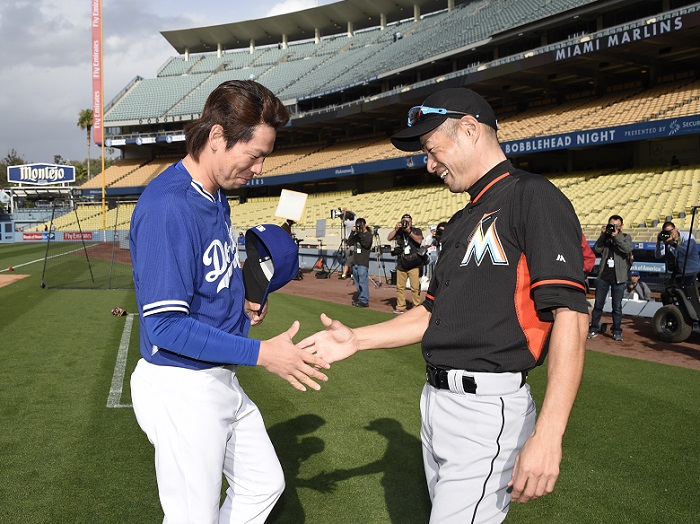 One can only imagine the excitement that Dodgers right-hander Kenta Maeda felt to meet his childhood hero. (Photo credit - Jon SooHoo)