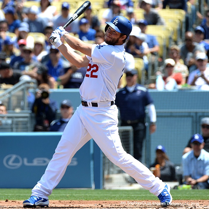 Ironically, the Dodger swinging the hottest bat right now is also the team's best pitcher. Kershaw is 3 for 5 (.600) with two RBIs in his last two games. (Photo credit - Jon SooHoo)