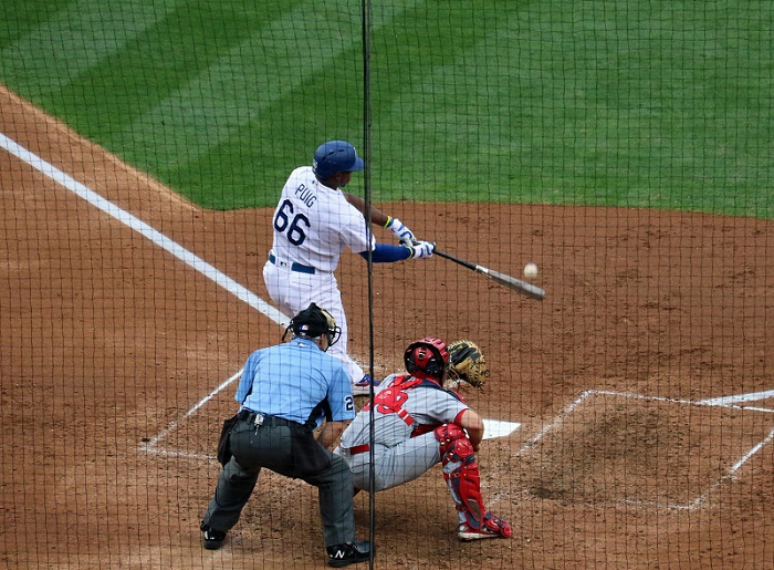 Puig missed hitting a three-run home run by inches on Sunday night. (Photo credit - Ron Cervenka)