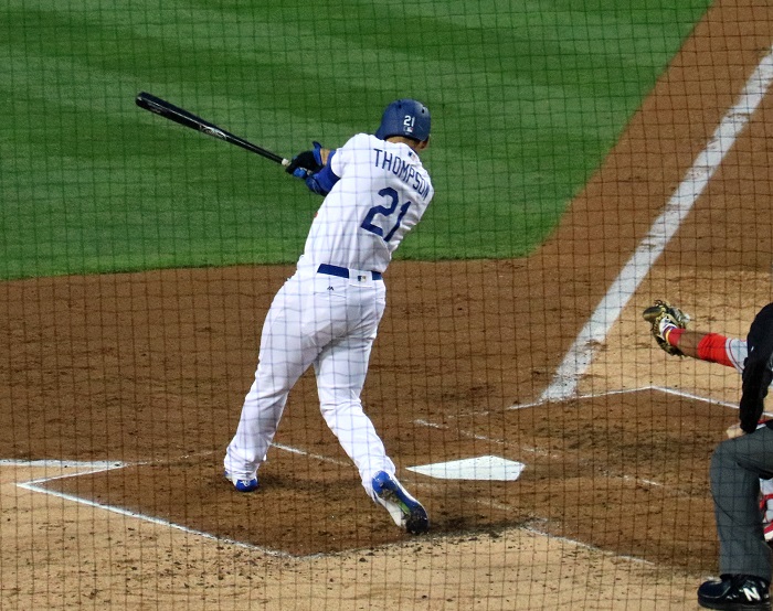 With his two home runs on Monday night, Thompson now has six on the season - tied for the most with Joc Pederson and Corey Seager. Carl Crawford has yet to hit even one. (Photo credit - Ron Cervenka)