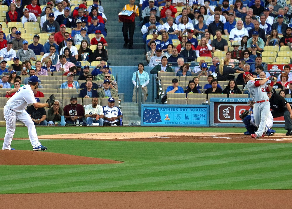 Kershaw became the first pitcher in MLB history to record ten of more strikeouts in six consecutive starts while walking one or fewer batters - including this first-inning strikeout of former AL MVP Mike Trout. (Photo credit - Ron Cervenka)