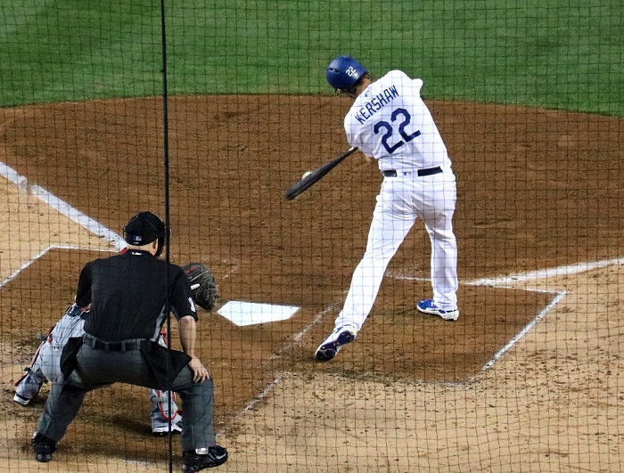 Reds starter Brandon Finnegan kept the Dodgers hitless until Kershaw's leadoff single in the third inning - one of only five Dodger hits on the night. (Photo credit - Ron Cervenka)