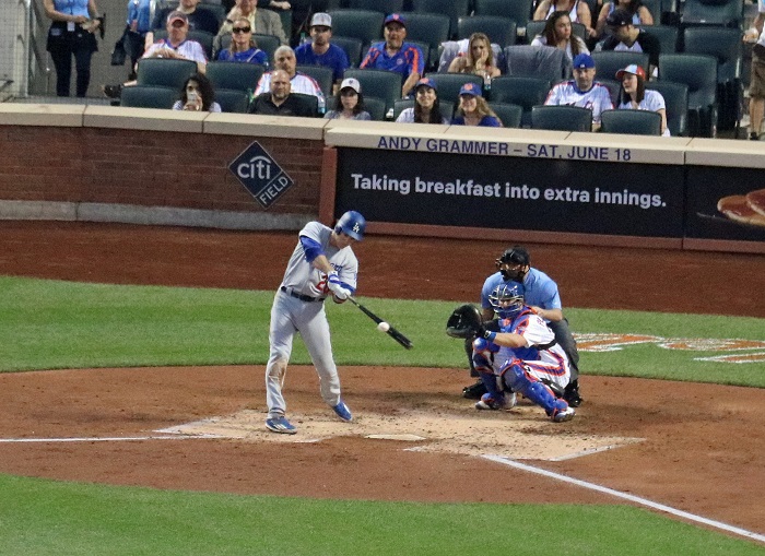 Chase Utley accounted for four of the Dodgers five RBIs on Friday night, including this RBI sacrifice fly in the top of the third inning. (Photo credit - Ron Cervenka)